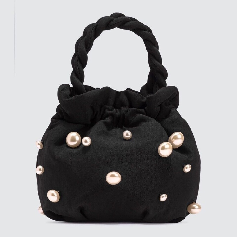 Womens Staud Black Satin Pearl Grace Bag New